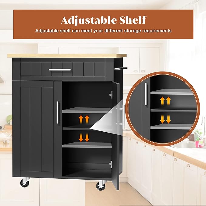 JY QAQA 26" Kitchen Island on Wheels with Storage Cabinet Kitchen Cart Cabinet with Shelves, Cart Handle for Towel Rack or Free Mobility, Portable Islands for Kitchen,Black