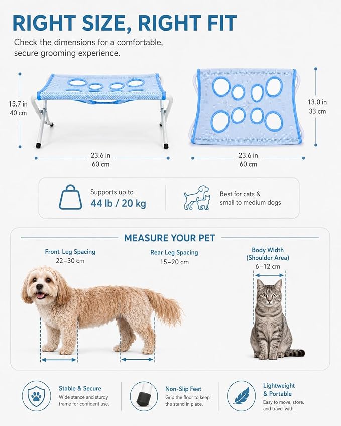 Foldable Pet Bathing Stand, Dog Grooming Hammock with Quick-Dry Mesh, 44 lb | Portable Shower Stand & Sling for Small Dogs & Cats, Steel Frame, 8-Hole Support, Hands-Free Grooming, Folds Flat, Holds 44lb