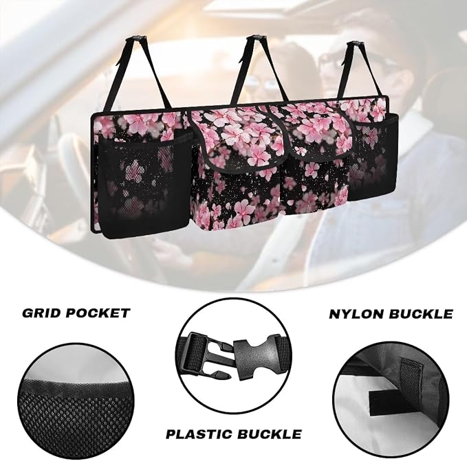 Dreaweet Pink Cherry Blossom Trunk Organizer for Car Women Collapsible Trunk Hanging Organizer Backseat Bag Car Storage Accessories Interior with 2 Pockets & 2 Mesh Pouches for Groceries