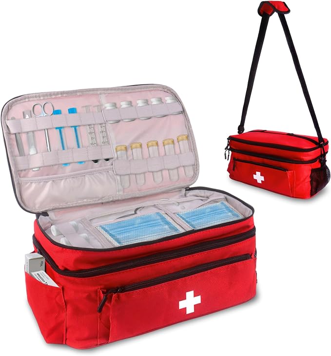First Aid Bag Empty Large 16x8.3x7 inch with Adjustable Shoulder Strap, Medical Organizer for Pet First Aid Kits, Home Travel Camping Emergency Supplies Storage (Red)