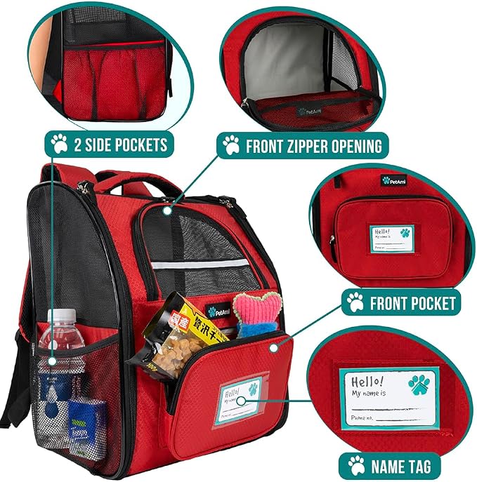 PetAmi Dog Backpack Carrier Airline Approved Cat Pet Puppy Bag, Red | Ideal for Small Medium Large Pet up to 18 lb, 2 Side Entry Structured No-Collapse Frame, Ventilated Bookbag for Hiking Travel