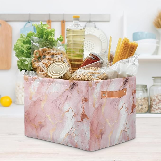 AUUXVA Storage Basket Rose Gold Marble Texture Storage Cube Box Durable Canvas Collapsible Toy Basket Organizer Bin with Handles for Shelf Closet Bedroom Home Office