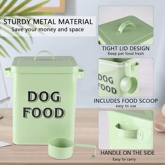 Morezi Metal Dog Food Storage Container Airtight Pet Food Treat Bin 6 lbs | Vintage Durable Canister Dog Treats Tin with Lid& Scoop for Kitchen Countertop, Shelf, Great Gift for Pet Owners(Green)