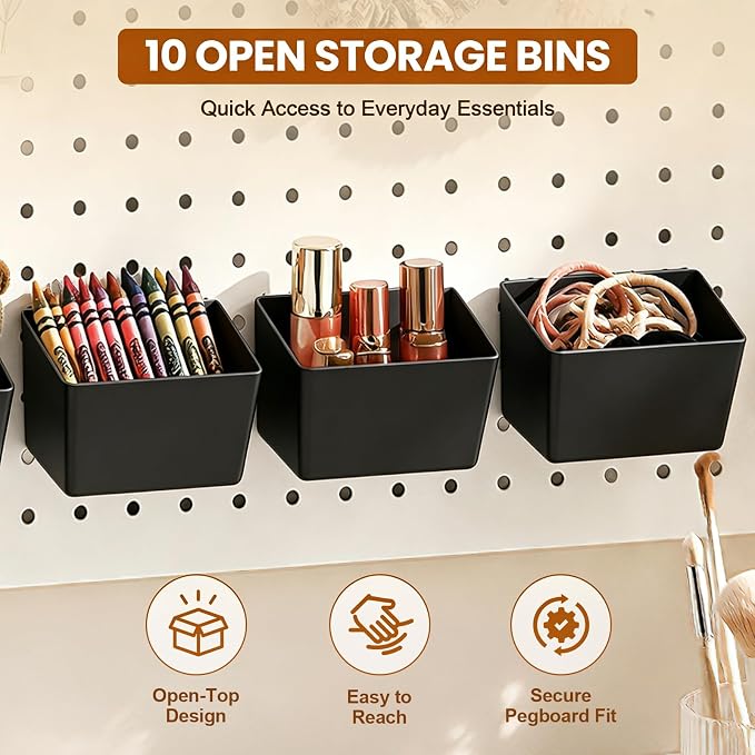20PCS Pegboard Organizer Accessories, 10 Clear PET Jars with Lids & 10 Open ABS Bins, Fits 1/8” & 1/4” Pegboards, Wall Organizer Set for Garage, Workshop, Craft Room, Office & Home