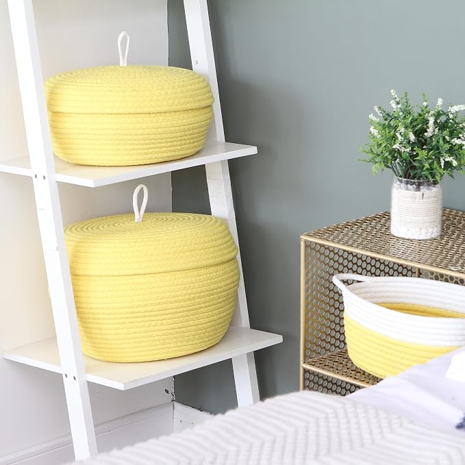 Sea Team Round Woven Cotton Rope Storage Basket with Lid, Yellow | Lidded Knitted Decorative Storage Bin, Pot, Caddy, Organizer, Container for Snacks, Towels, Plants, 13 x 9 Inches