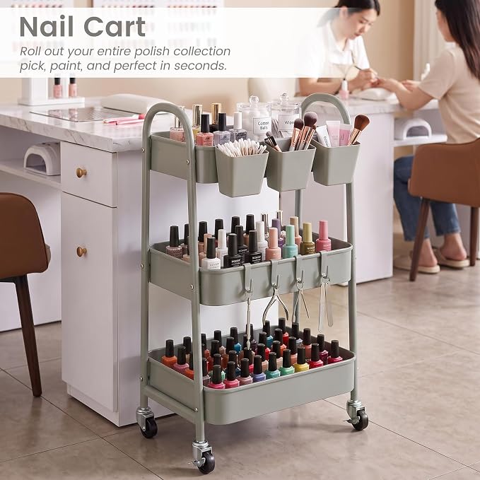 danpinera 3-Tier Rolling Cart, Metal Rolling Storage Cart with Lockable Wheels & Hanging Cups & Hooks, Mobile Trolley Cart for Kitchen, Bathroom, Office, Workshop, Gray