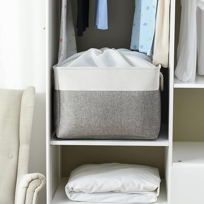 Storage Bins Baskets for Organizing, 20.5L×15.7W×13.8H 3 Pack Sturdy Fabric Storage Basket W/Handles, Decorative Foldable Storage Baskets for Shelves Closet Nursery Toy (White & Grey)