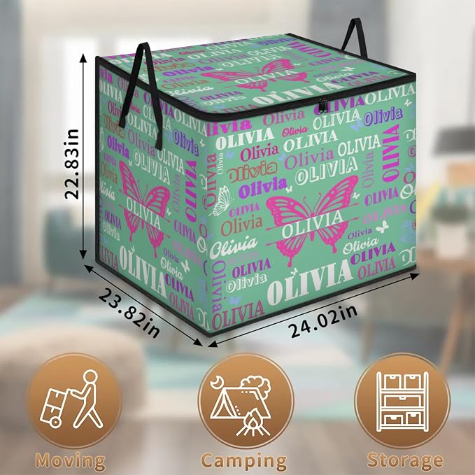 Personalized Storage Bags with Lid Large Blanket Clothes Mint Green Colorful Name Butterflies Organization and Storage Containers for Comforters,Bedding, Foldable Organizer with Reinforced Handle
