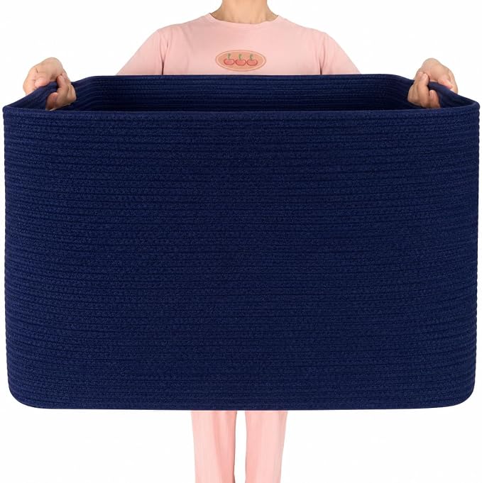 112L Extra Large Blanket Basket Holder Living Room, 25"x17"x16" Rectangle Rope Woven Storage Basket with Handles for Laundry, Towels, Shoes, Dog Toy Organizer Bin Box, Full Navy