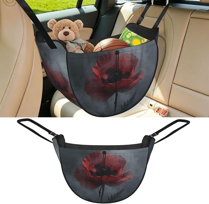 Dark Red Poppy Car Seat Organizer-Backseat Storage Bag for Travel | Waterproof Durable. Holds Snacks Gear Essentials. Fits Most Cars.