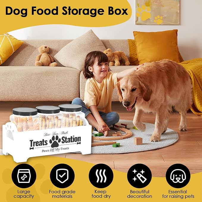 Dog Treat Container, Food Storage Container with 3 Plastic Dog Treat Jars, Reusable Cat Treat Container, Pet Treat Storage Organizer, Wood Dog Treat Holder, Dog Food Container for Dog Cat(white)