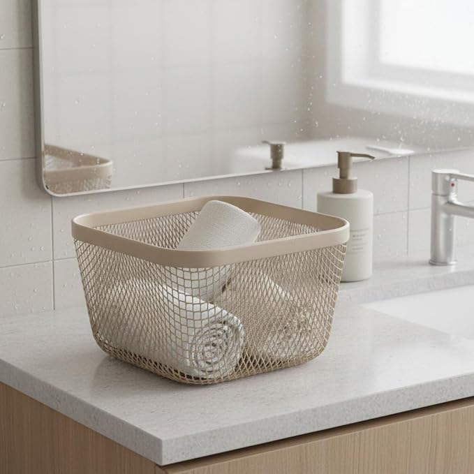 Metal Storage Basket Wire Organizer Bin Mesh Container Holder Ventilated Iron Construction With Smooth Surface For Pet Supplies Grooming Items In, White, Square