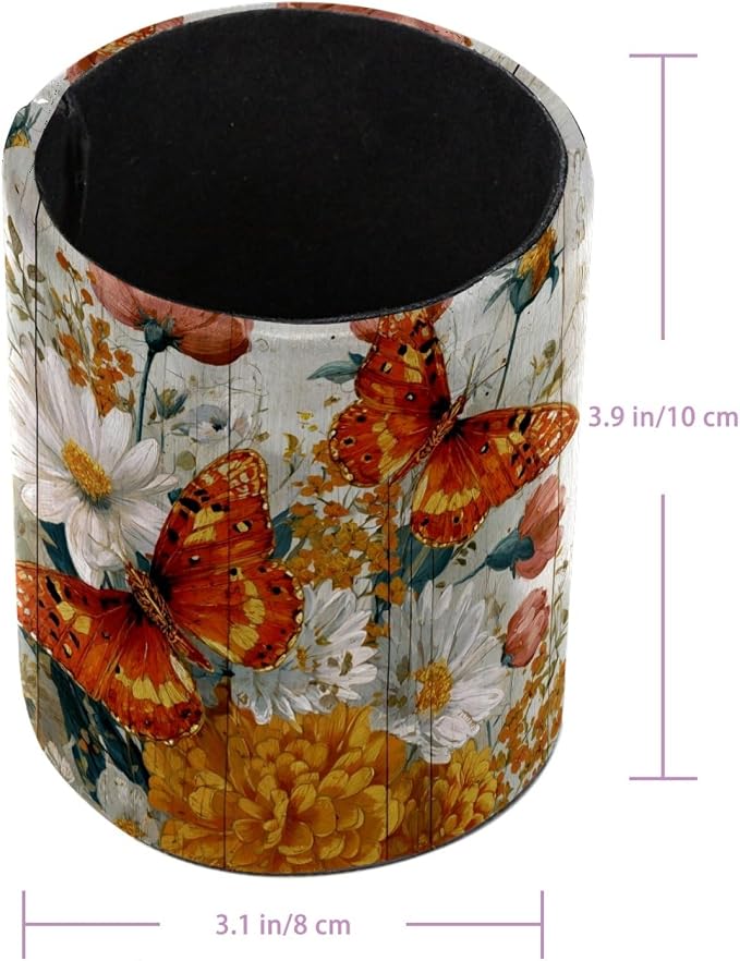 Butterflies on the Wooden Board Pen Holder, Pencil Cup Marker Brush Holder Desk Storage Case, Desktop Organizer for School Office Home Supplies
