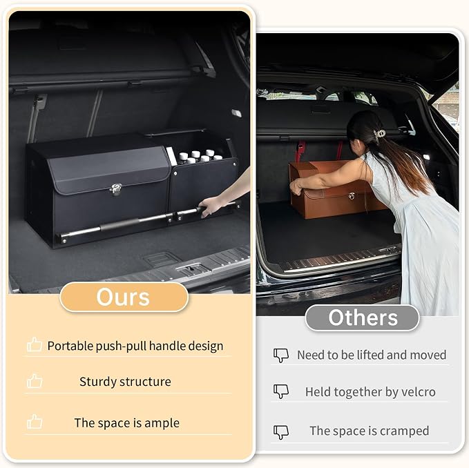 Leather Car Trunk Organizer SUV Trunk Organizer Car Trunk Storage Organizer | Large Trunk Organizer with Lid and Sturdy Handle Car Cargo Storage Box (Black, 33 x 11.4 x 12.2in)