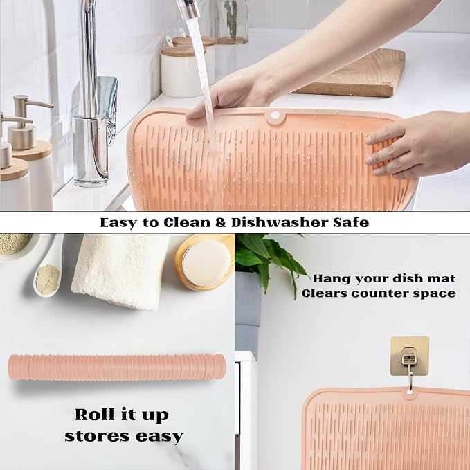 ZLR Oversized Silicone Dish Drying Mat for Kitchen, 16"x18", Peach Pink | Family-Size Drainboard for Pots & Pans, Thick 4mm No-Curl, Heat-Resistant Trivet to 450°F, Non-Slip, Rolls to Store