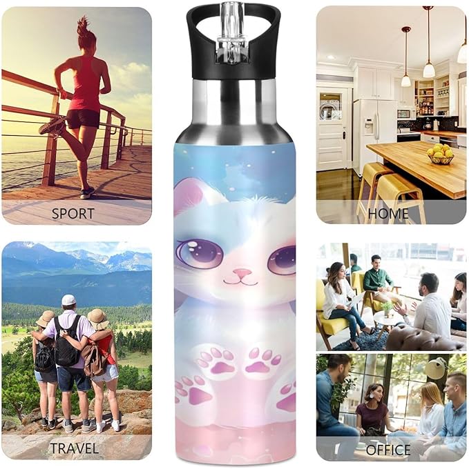 Cat Pet Pink Water Bottle with Straw Lid Kids Insulated Stainless Steel Water Flask Sports, 20 Oz Hot Cold