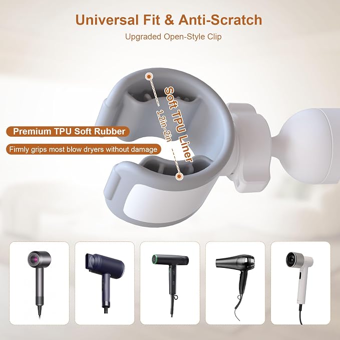 Mistriddle Hands Free Hair Dryer Holder Floor Stand, 17.2-51" Adjustable | For Home, Salon & Pet Grooming, Universal TPU Clip, Stable Aluminum Base with Organizer Hook (White)