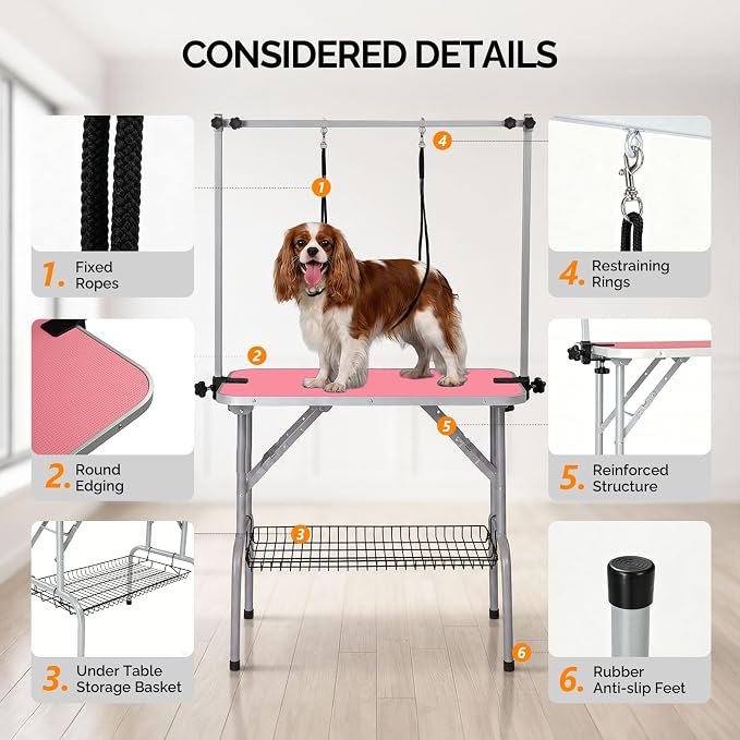 VINGLI Dog Grooming Table, Adjustable Cat Grooming Desktop with Arms and Storage Basket, Pet Grooming Stand at Home (Pink, 36 inch)