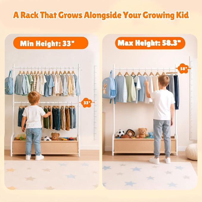 Kids Clothes Rack with Double Rod Height Adjustable Clothing Rack White | Storage Basket & Hooks, Height Adjustable Kids Clothes Rack, Portable Baby Dress Up Garment Rack for Princess Dresses