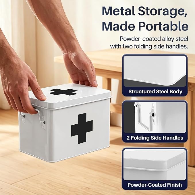 Flexzion Large Metal First Aid Box Empty, 8.5-Inch, White with Black Cross | Vintage Medicine Box and First Aid Storage Organizer with Removable Tray and Dividers; Empty Box Only, Supplies Not Included