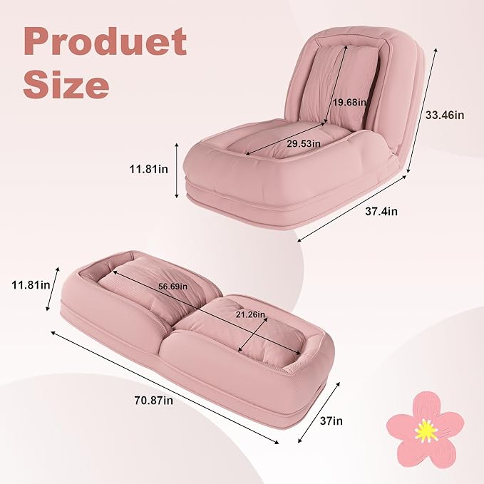 Human Dog Bed for Adults and Pets, Upholstered Foldable Lazy Sofa Bed with 5 Adjustable Positions, Corduroy Floor Sofa Bed with 2 Pillows, Convertible Recliner for Living Room, Reading Corner (Pink)