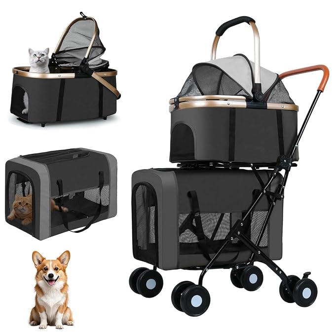 YYW Double Pet Stroller 4 in 1 Foldable 2 Carriers Lockable Wheels Black | Travel Strolling Cart with Safety Belts for Multi-Pet Homes, Small Dogs & Cats, Ideal for Walking, Vet Visits, Storage