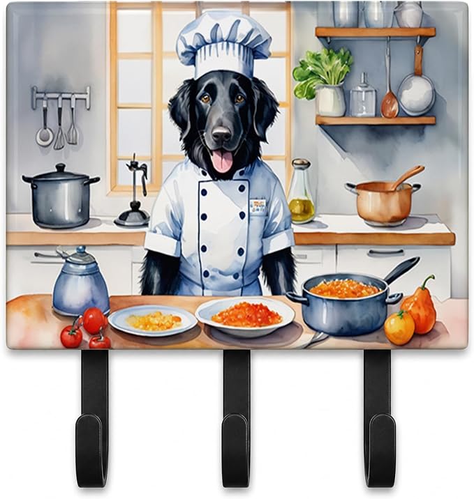 Caroline's Treasures Flat-Coated Retriever The Chef Leash or Key Holder Wall Hooks, Key Hooks Holder, Coat Rack Wall Mount, Coat Hooks, Hooks for Hanging Keys, Towels, Aprons, Leashes | Flat-Coated Retriever The Chef artwork on ceramic tile with three ...