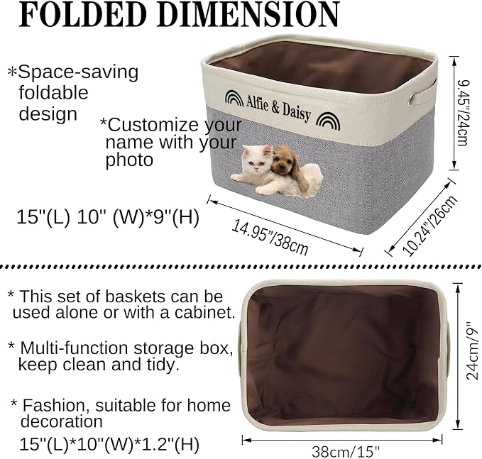 xrlsg Personalized Dog Toy Storage Basket Bin - Collapsible with Pet's Name - Rectangular Custom Storage Box Chest Organizer for Toys, Coats, Clothing, Blankets
