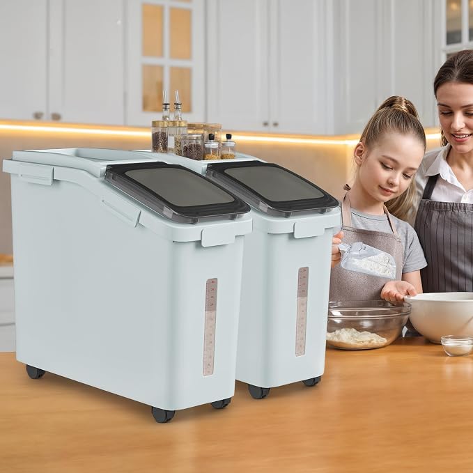 YITAHOME Ingredient Storage Bin, Large Commercial Rice Container with 11.4 Gallon Capacity, Bulk Flour Bin with Wheels, Scoop, Lid, and Scale for Kitchen,2count, Grey