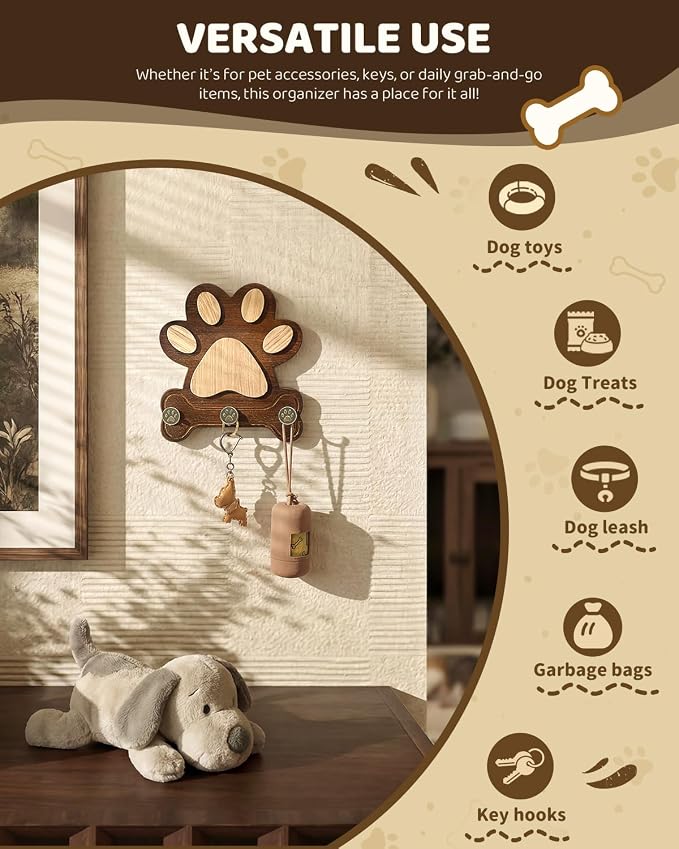 MTERSN Acacia Wood Dog Leash Holder for Wall with 3 Key Hooks, Dark Brown | Acacia Wood, Unique Dog Paw Shape, 3D Wall Hooks for Sunglasses, Cute Dog-Themed Key Rack, Wall Organizer for Home Decor