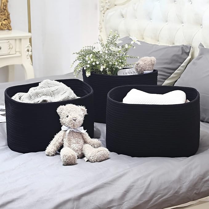 ECDYQXVU 15x10x9 Inch Woven Cotton Rope Storage Basket, Black, 3 Pack | Foldable Design, Built-in Handles, Space-saving Organizer for Living Room, Bedroom, Laundry, Shelves, Clothes, Towels