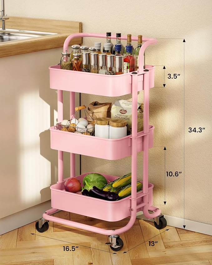 Pipishell Metal 3 Tier Rolling Cart with Handle & 2 Lockable Wheels, Pink | Four Large 2" Wheels for Easy Motion, Sturdy Metal, Hold 22 lbs per Shelf, Ideal for Nursery Room, Living Room, Painting Room