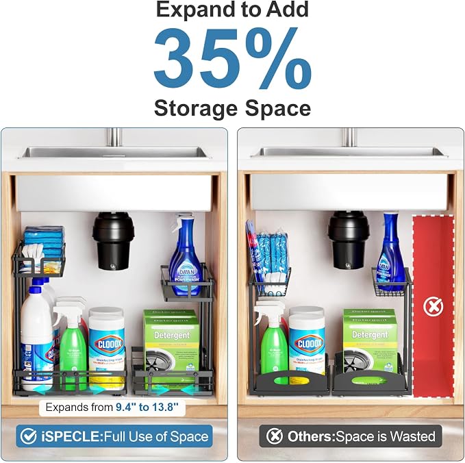 iSPECLE Under Kitchen Sink Organizer - L-Shaped Pull Out Shelf, 2 Pack | L-Shaped Fit Around Garbage Disposal, Adjustable Shelves, Pull Out Access, For 30-36 Inch Sink Cabinet, 2 Pack Black