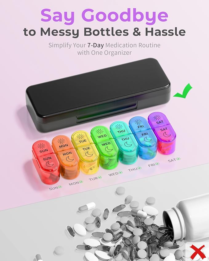 𝐏𝐢𝐥𝐥 𝐎𝐫𝐠𝐚𝐧𝐢𝐳𝐞𝐫, Am & Pm Pill Organizer 7 Days, Weekly Pill Organinzer 2 Times a Day, Pill Box 7 Day, Medicine Pill Organizer for Travel, Vitamins, Fish Oils, Supplements
