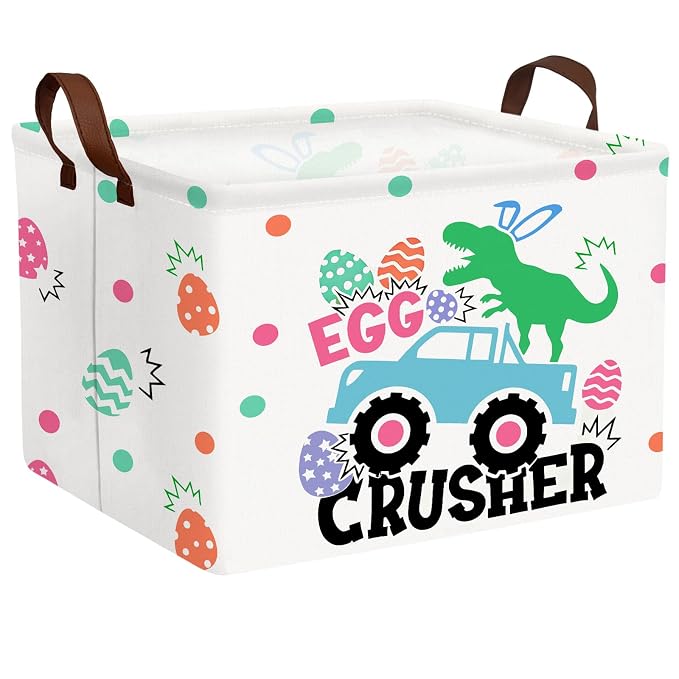 Kid Rectangular Empty Easter Basket for Girl Boy Bunny Eggs Easter Basket Gift Baby Room Decor Storage Organizer (Monster Truck Dinosaur)