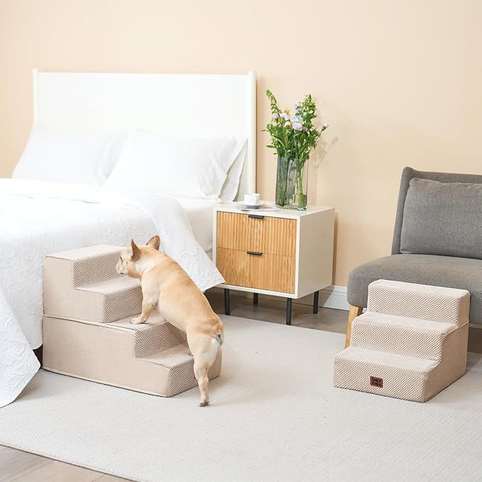 EHEYCIGA Dog Stairs for Bed 18" H, 4-Step Extra Wide Dog Steps for High Bed, Pet Steps for Small Dogs and Cats, Non-Slip Balanced Pet Ramp Indoor, Beige