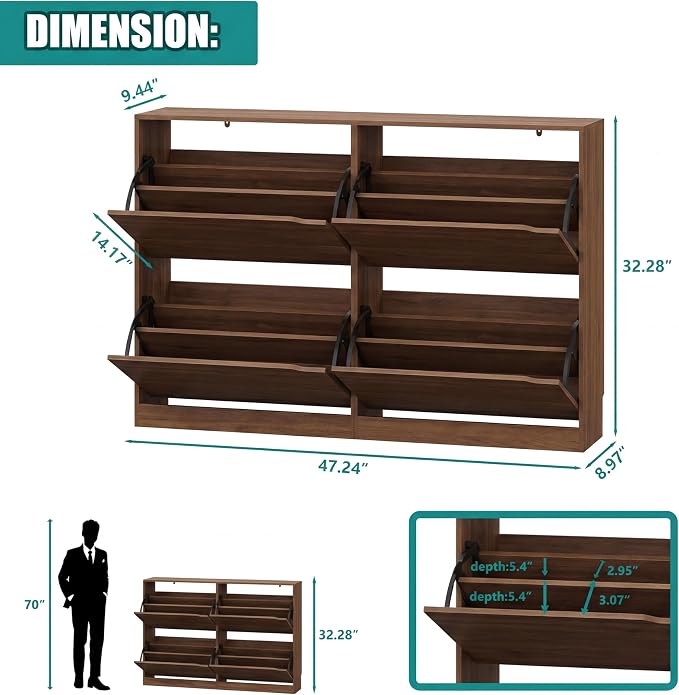 Xixini Shoe Storage Cabinet for Entryway with 4 Flip Drawers, Sturdy Wood Hidden Shoe Storage, Freestanding Narrow Slim Shoe Organizer for Front Door Entrance, Living Room, Hallway, Bedroom, Walnut