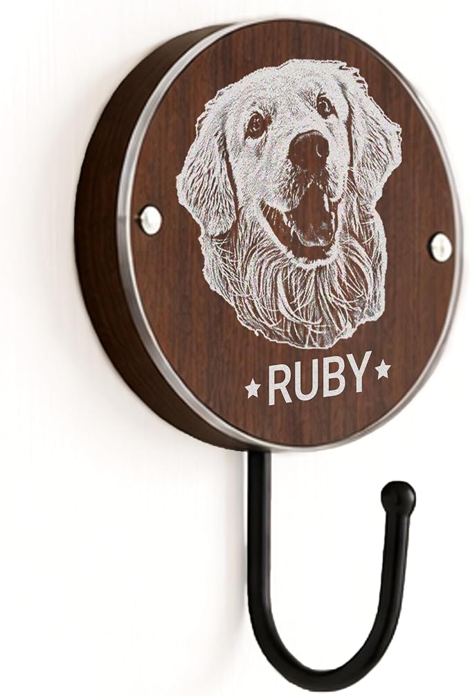 Personalized Dog Leash Hook Holder Wall Mount, Collar Harness Organizer with Pet Name or Photo, Wooden Custom Dog Mom Gift, Single Hook