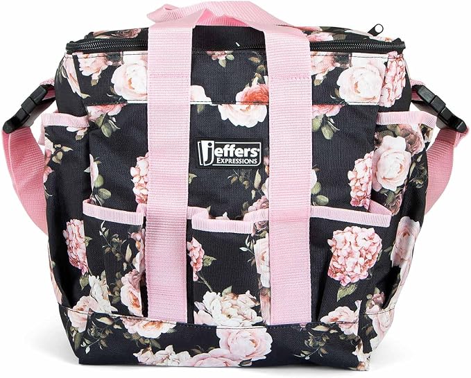 Jeffers Expression Deluxe Horse Grooming Bag – Large Zip Top Equestrian Tote w/Multiple Pockets, Handles & Adjustable Shoulder Strap, Padded Feet for Barn Essentials 11.5"x10.5"x8.5" - Rose Garden