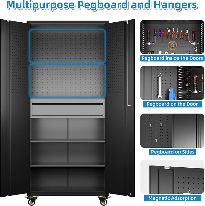 Reemoon Garage Storage Cabinet with Wheels and Doors,Lockable Metal Storage Cabinet with Drawer Pegboard and Hooks for Garage Warehouse Home,Required Assembly,Black,71" H×15" D×30" W