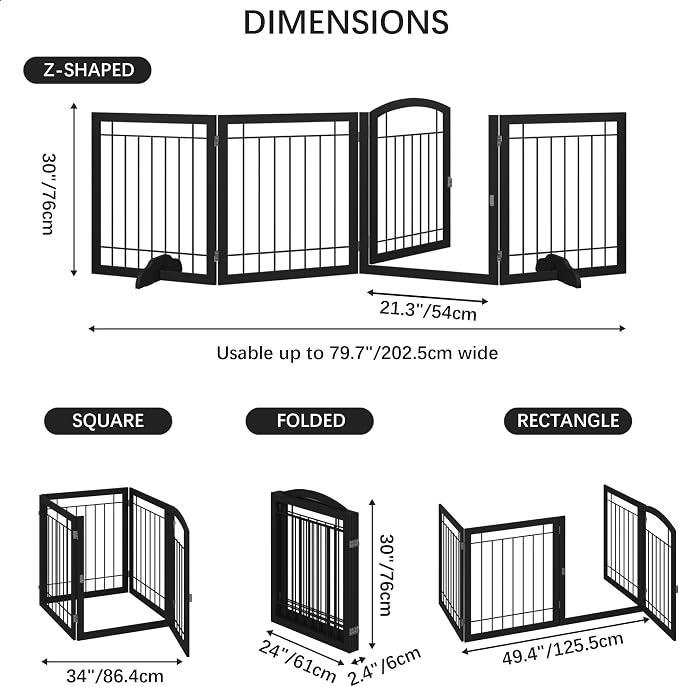 JSB 96-inch Extra Wide 30-inch Tall Dog gate with Door Walk Through, Freestanding Pet Gate for Halls, Stairs & Home, Pet Puppy Safety Dog Fence with 2PCS Support Feet (Black)