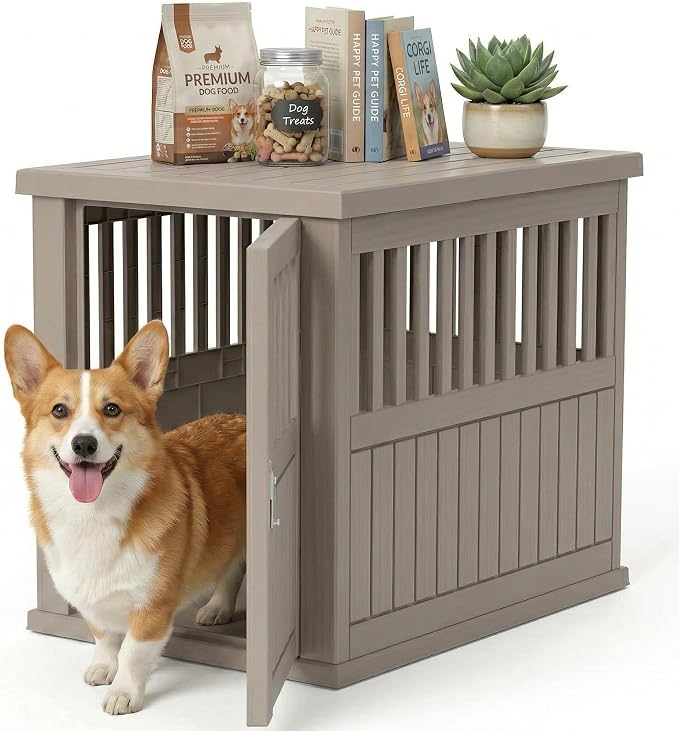 EFU 32 Inch Small Dog Crate Furniture, Indoor Dog Kennel, Puppy Pet House | Resin Pet House End Side Table, Waterproof Puppy Crates Cage for Medium Small Dogs to 45 lb, Grey