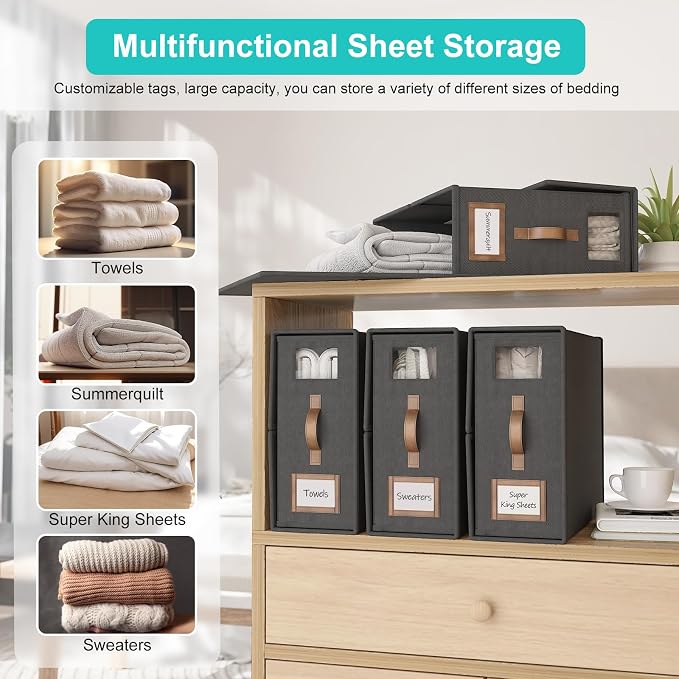 6 Pack Foldable Bed Sheets Set Organizers and Storage(Cal King Size),Linen Fabric Closet Organizers with Window,Folding Bedding Storage Box for Bedsheets and Pillow Cube Organizer-Black