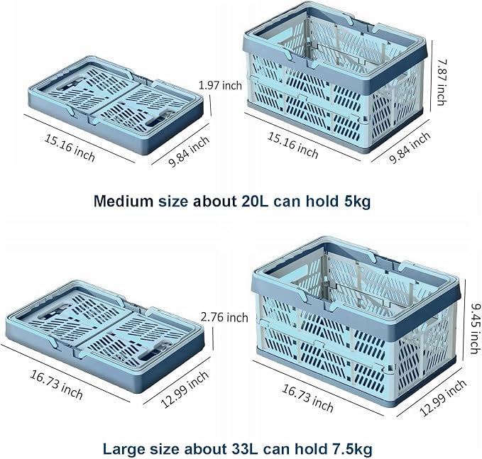 Collapsible Storage Crate with Handles, 20L Foldable Plastic Basket, Organizer Container (Light blue, M)