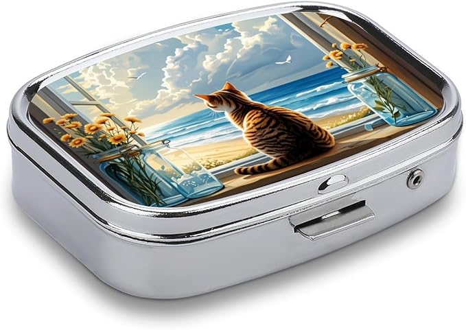 Cat On Windowsill Durable Metal Pill Case for Daily Use, 2 Slot Medicine Box Organizer,Leak Proof Travel Pill Container for Vitamins, Compact Pocket Medicine Holder for Seniors,Holiday Gift
