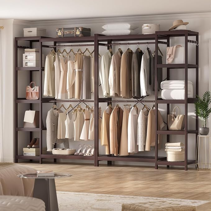Bamboo Closet System, 41.4” Wide Clothing Rack, 78.8”H, Espresso | Freestanding Clothes Rack with 7 Adjustable Shelves, 2 Rods, 4 Hooks, Open Wardrobe Organizer, Wood Garment Rack for Bedroom