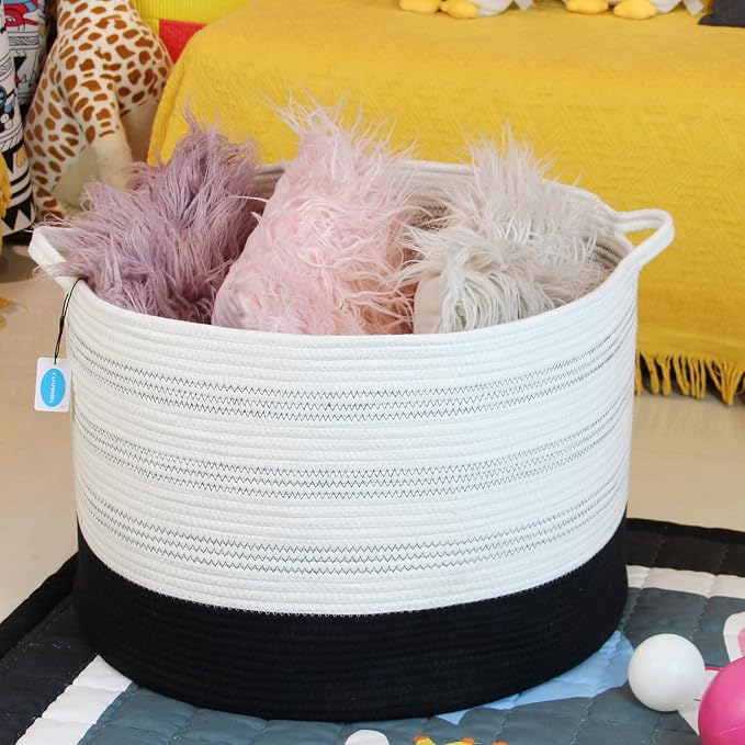 Casaphoria XXXLarge Cotton Rope Basket 22" X 22"X 14" Blanket Basket for Living Room Woven Basket Soft Laundry Blanket Basket storage basket bin with Handle（pack of 1）
