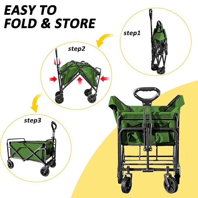 Foldable Wagon Cart, Collapsible Wagon Cart with Heavy Duty Wheels, 220Ibs Portable Folding Utility Wagon for Groceries, Beach, Camping, Outdoor Activities, Green