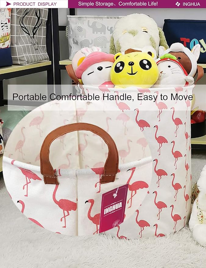 Flamingo Laundry Hamper Large Canvas Fabric Storage Basket | Organizer Bin Dirty Clothes Collapsible Waterproof for College Dorms, Boys and Girls Bedroom,Bathroom