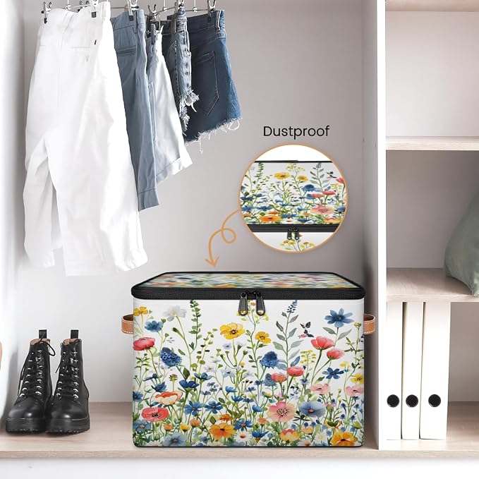 Pardick Storage Bin Spring Floral Storage Baskets with Zipper Lid & Handle Foldable Closet Shelf Cloth Organizer Basket Cube Bins Clothes Organizer for Nursery, Bedroom